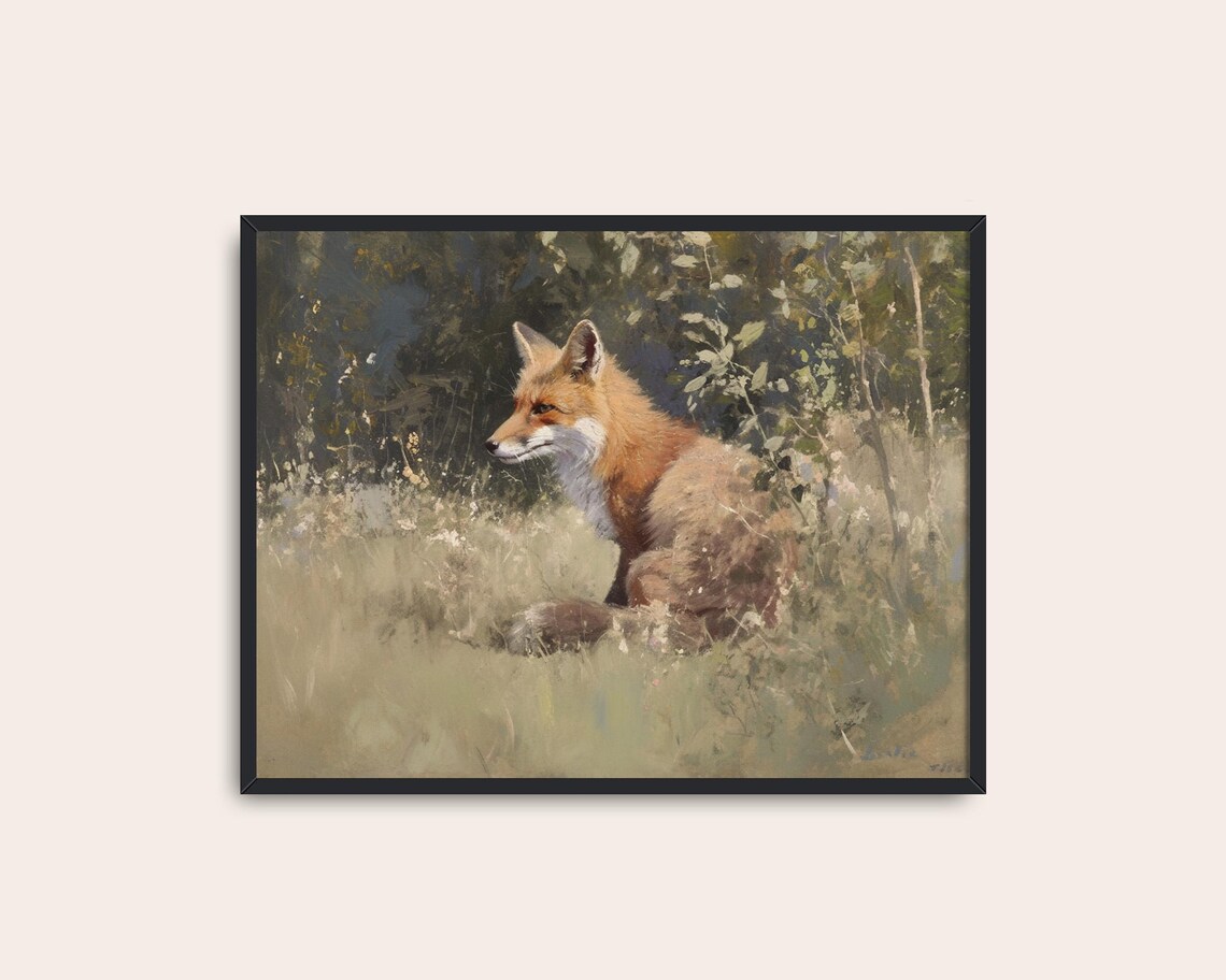 Red Fox Sitting Meadow Realistic Wildlife Painting Vintage Animal Nature Poster - Image 3
