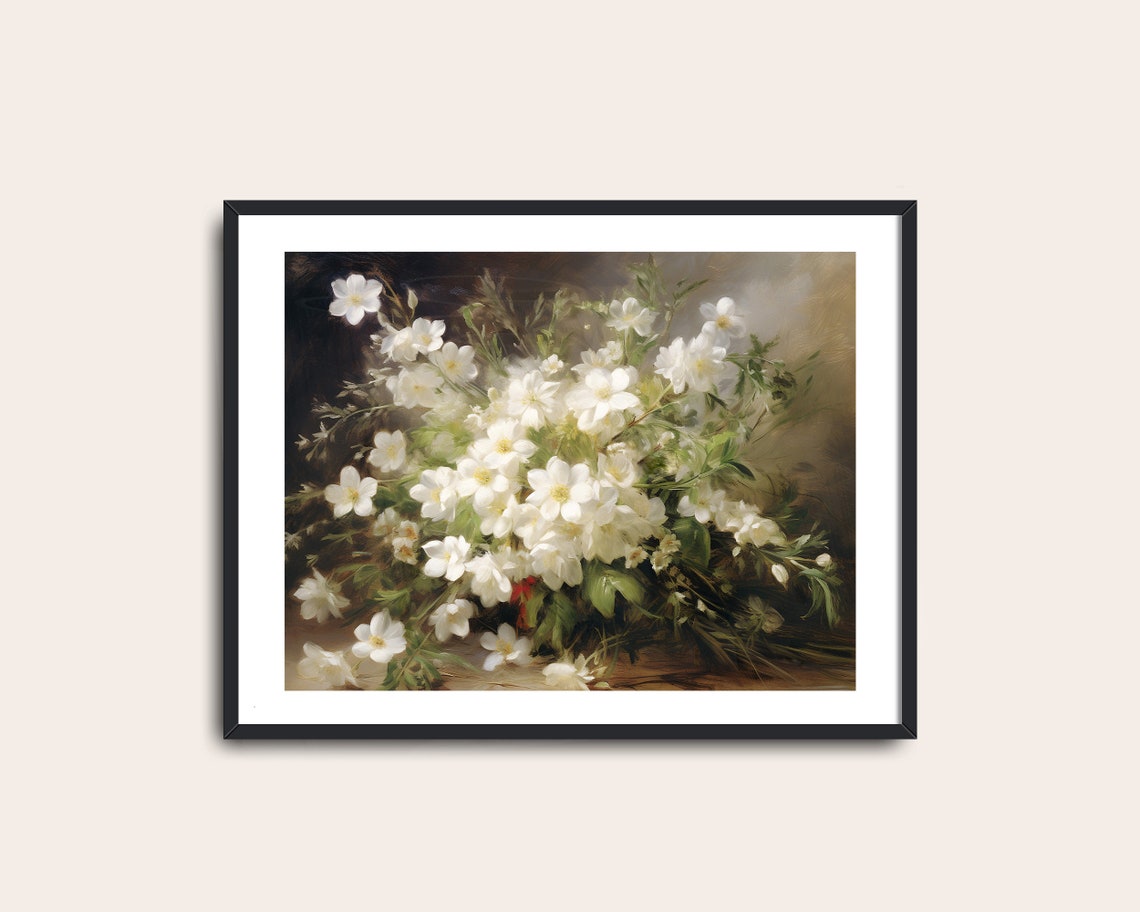 White Wildflowers Bouquet Vintage Style Soft Floral Wall Art Print - Image 2