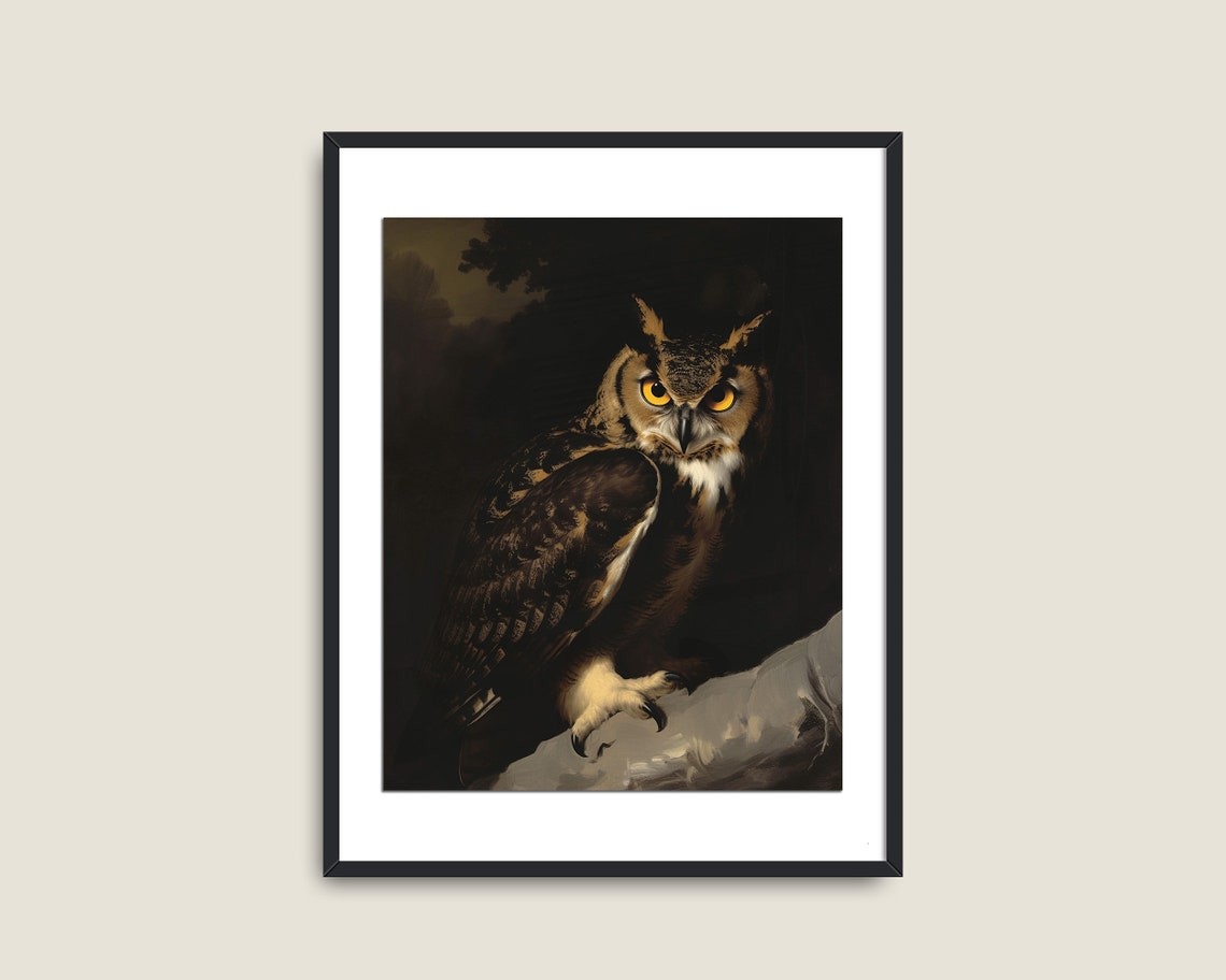Great Horned Owl Amber Eyes Dark Forest Perch Moody Wildlife Print - Image 2
