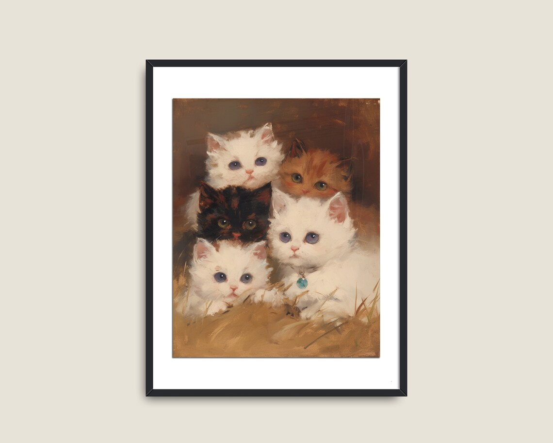 Five Kittens Vintage Oil Painting Fluffy Big Eyes Cute Nursery Animal Wall Art - Image 2