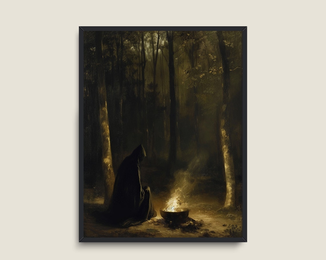 Hooded Witch By Cauldron Fire In Dark Woods Gothic Occult Poster - Image 3