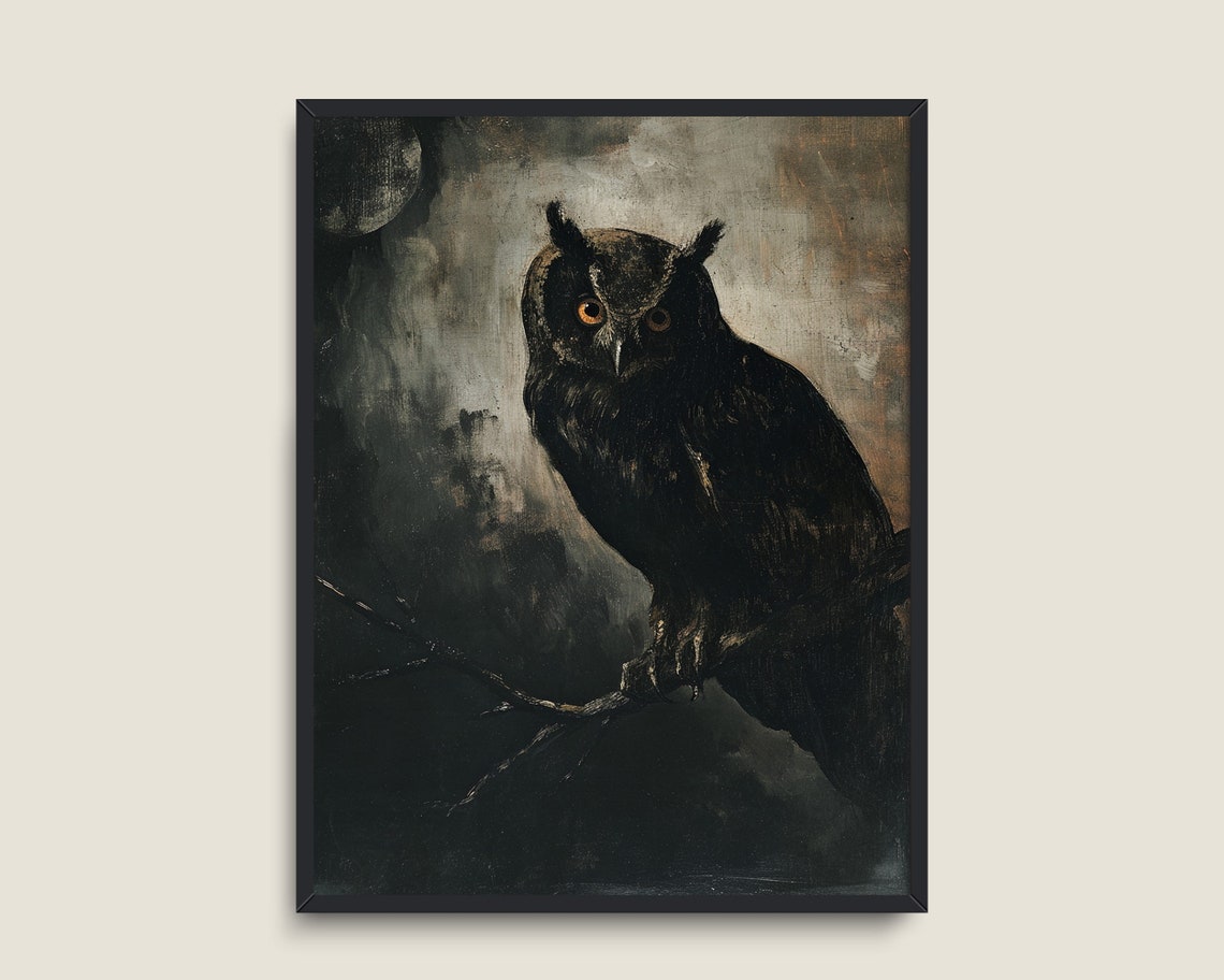 Black Great Horned Owl Night Branch Moonlit Moody Wildlife Print - Image 3