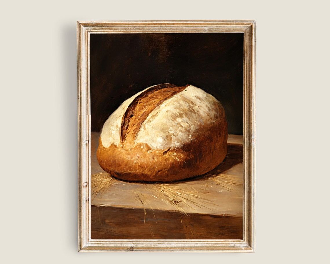 Rustic Sourdough Bread Loaf Still Life On Wooden Table Vintage Poster