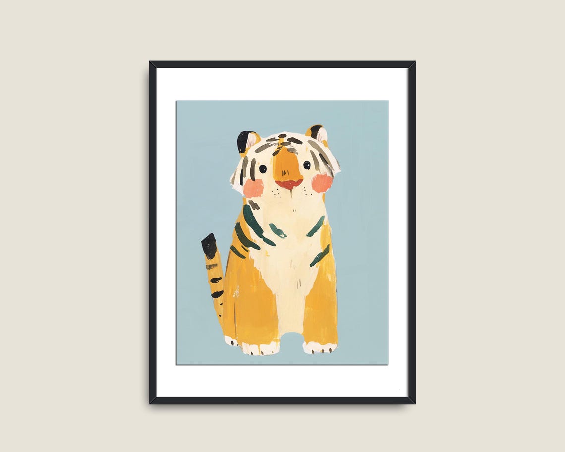 Adorable Baby Tiger Cub Painting Blue Background Kids Poster - Image 2