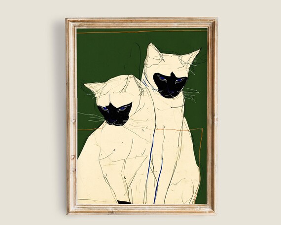 Two Siamese Cats Modern Line Art Green Background Painting Poster