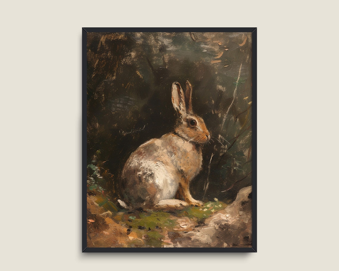 Wild Hare Dark Forest Oil Painting Vintage Moody Rabbit Wall Art - Image 3