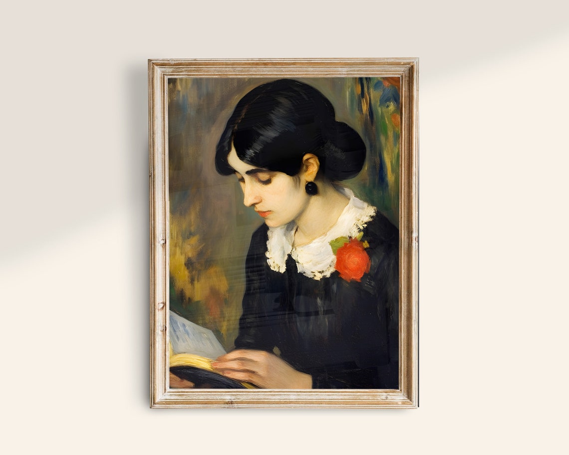 Woman Reading Book White Lace Collar Vintage Impressionist Poster - Image 3