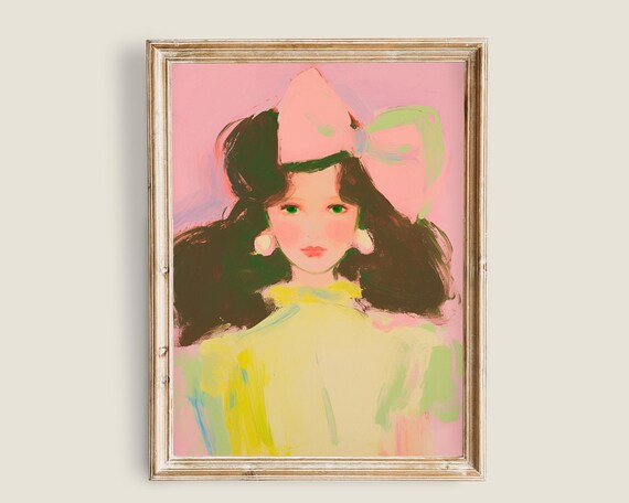 Pink Bow Girl Portrait Coquette Pastel Painting Dreamy Vintage Wall Art Poster