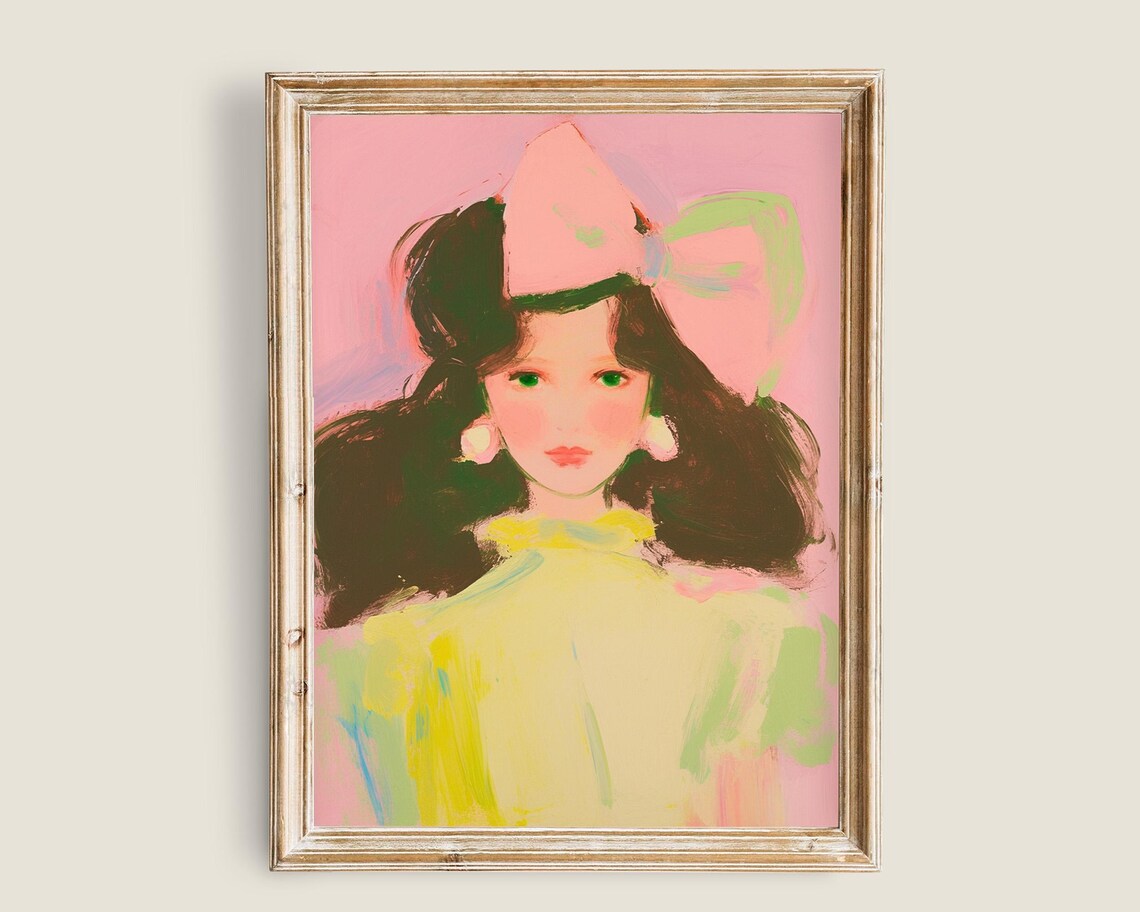 Pink Bow Girl Portrait Coquette Pastel Painting Dreamy Vintage Wall Art Poster