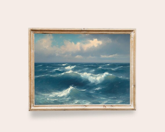Seascape Vintage Art Waves Coastal Decor Moody Landscape Print Wall Art Romantic Blue Waves Landscape