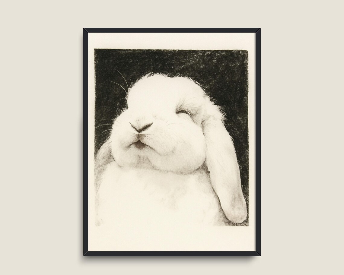 Sleeping White Bunny Lop Ears Monochrome Sketch Nursery Wall Art Poster - Image 3