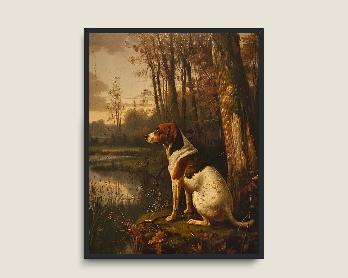 Dog Painting Vintage Art Art Vintage Animal Art Moody Dark Academia Decor Dark Forest Wall Art Hunting Dog Print - Image 3