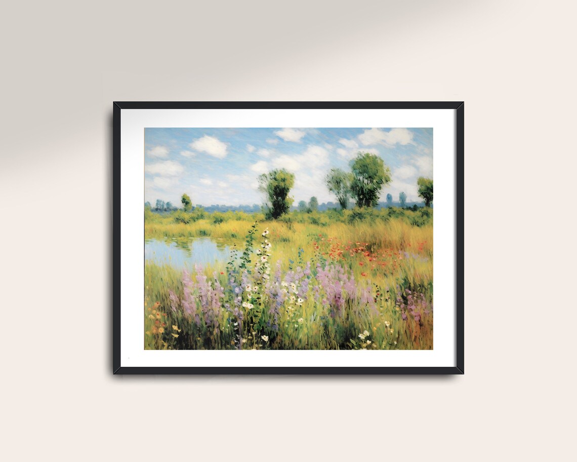 Wildflower Field Vintage Painting, Rustic Landscape Art - Image 2