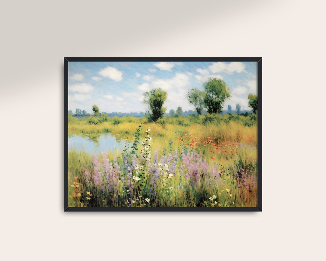 Wildflower Field Vintage Painting, Rustic Landscape Art - Image 3