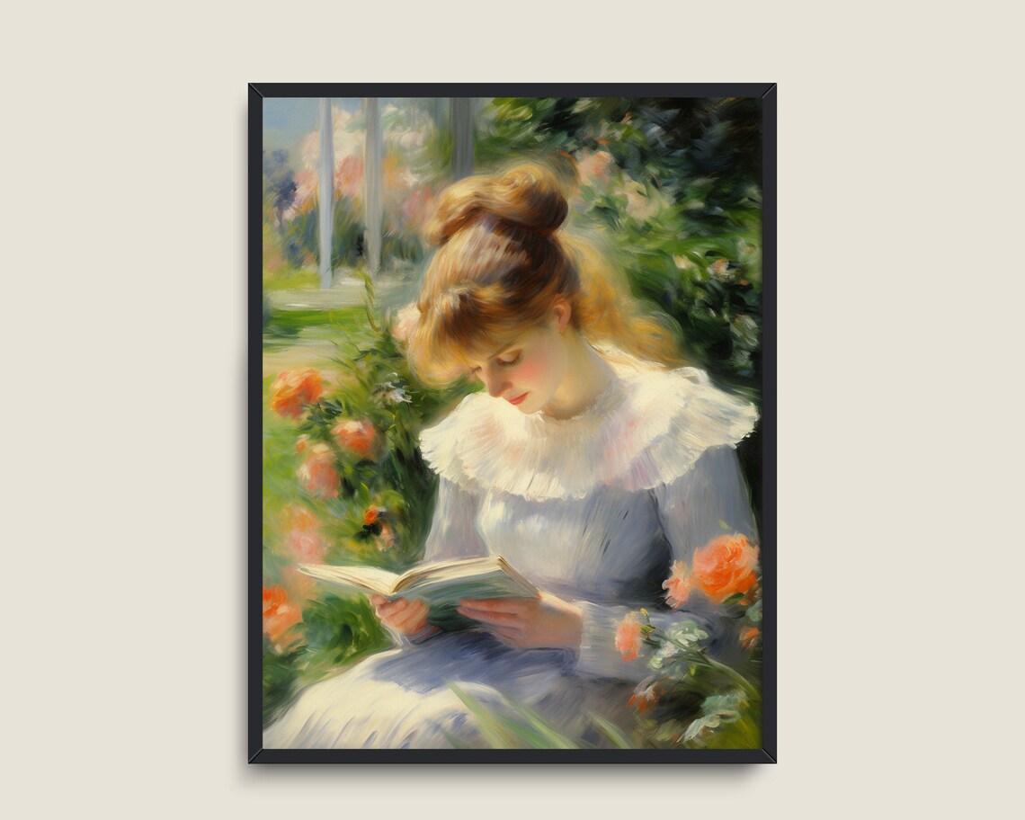 Woman Reading Book Garden Vintage Impressionist Sunny Roses Book Lover Art Poster - Image 3