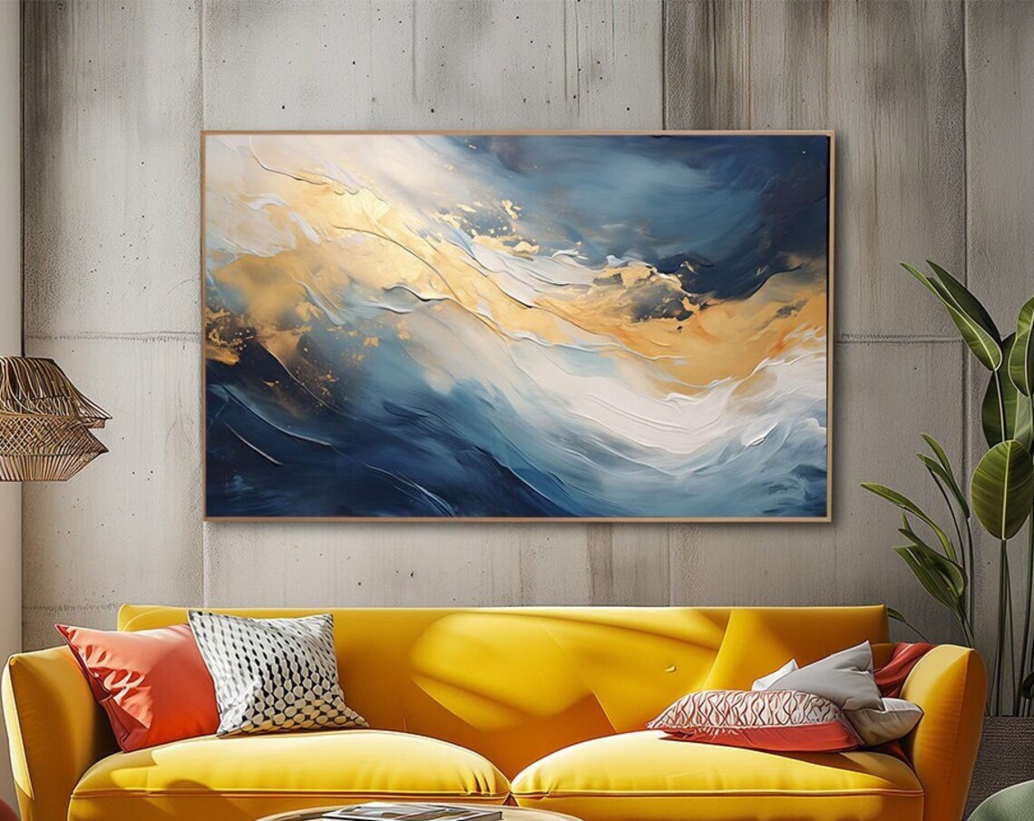 Large Abstract Navy Blue Gold Swirling Waves Modern Art Print