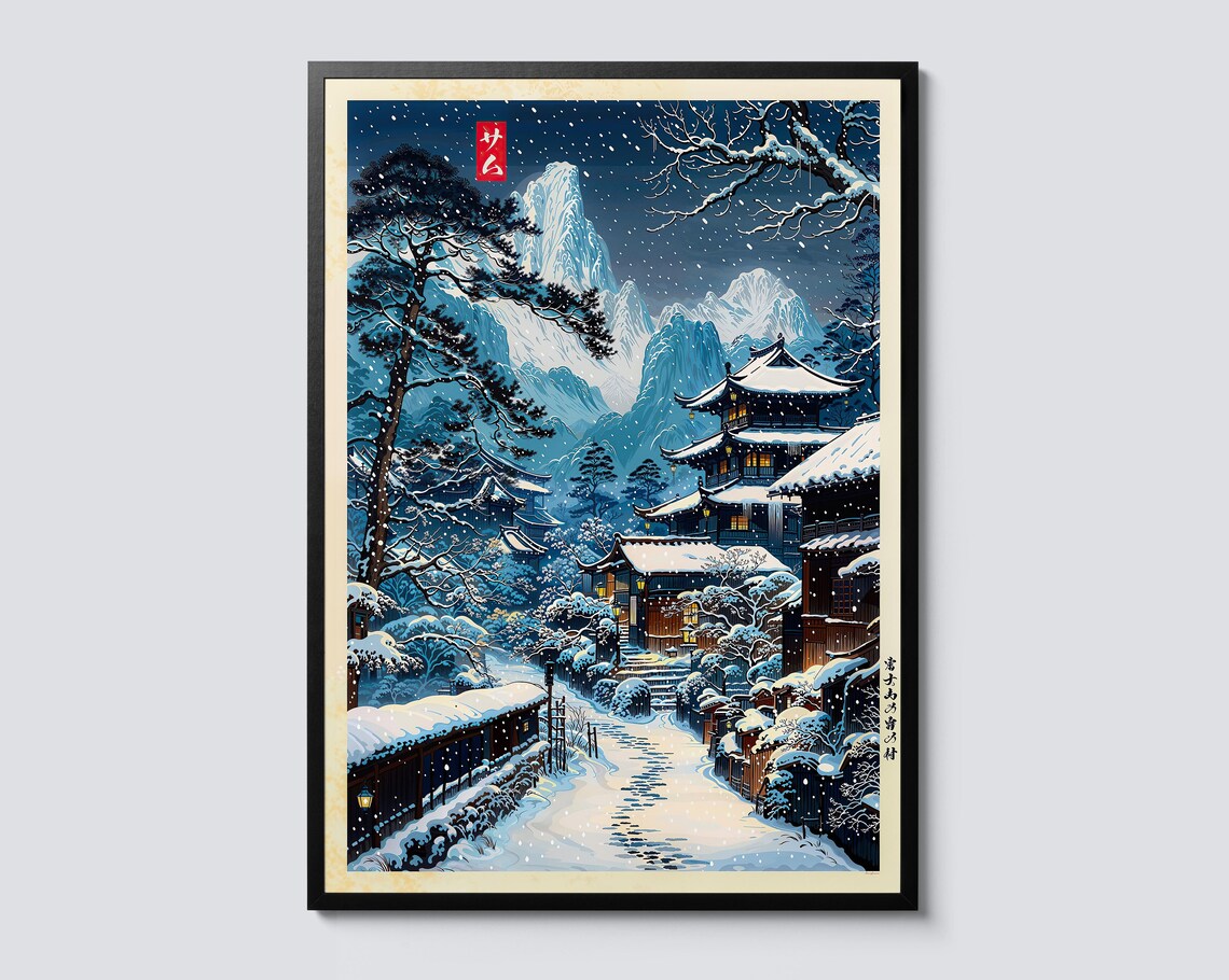 Snowy Village Ukiyo-e Winter Travel Poster