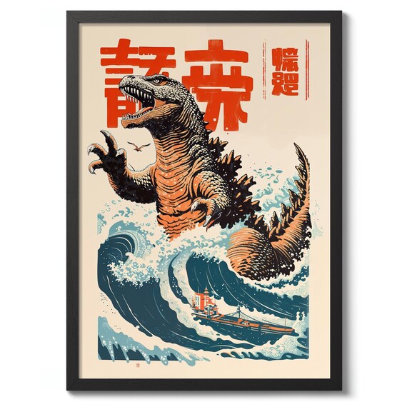 Great Wave Of Zilla Ii Print Japanese Anime Poster Dragon Decor Wall Art Gift