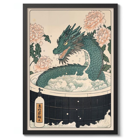 Dragon Bathtime Anime Print Japanese Woodblock Poster Bathroom Decor Animal Wall Art Gift