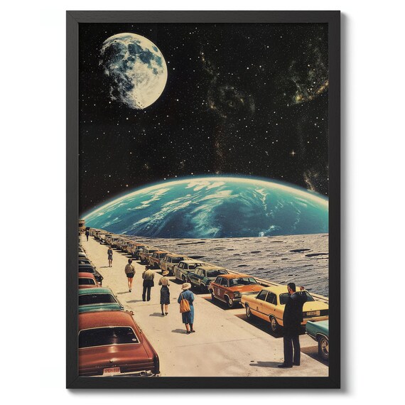 Vintage Cars Parked on the Moon with Earthrise Retro Sci-Fi Poster