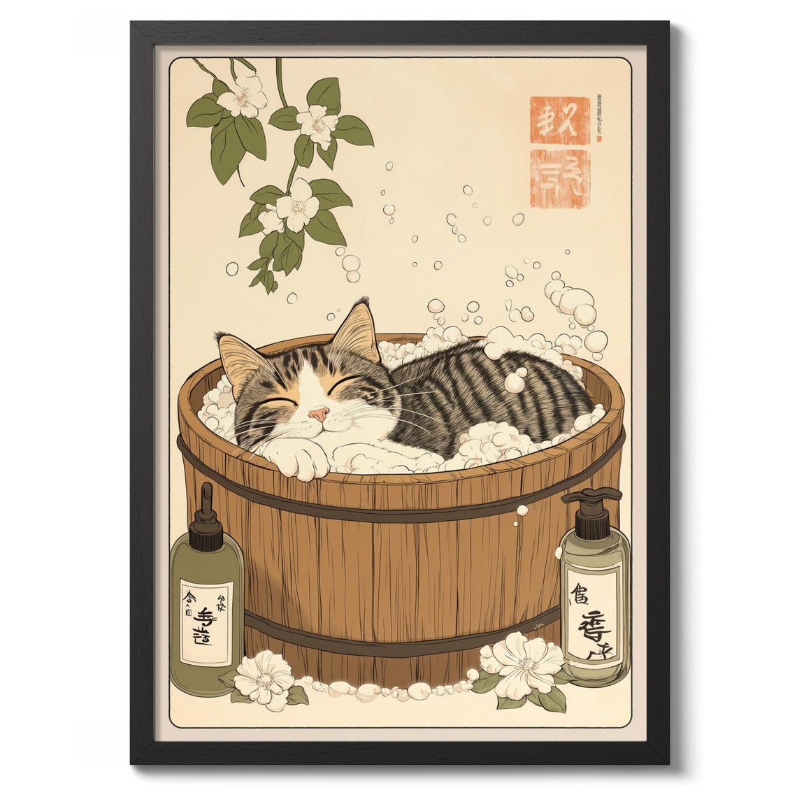 Sleepy Cat Bathing in Wooden Tub Japanese Woodblock Poster Bubbles
