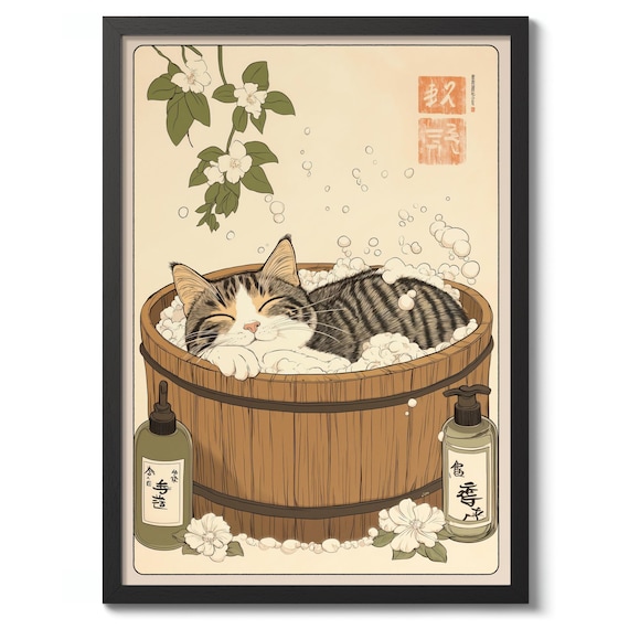 Sleepy Cat Bathing in Wooden Tub Japanese Woodblock Poster Bubbles