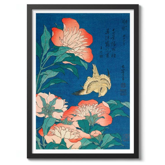 Peonies And Canary By Katsushika Hokusai Traditional Woodblock Print Illustration Posterwall Art Flower Bird Decor
