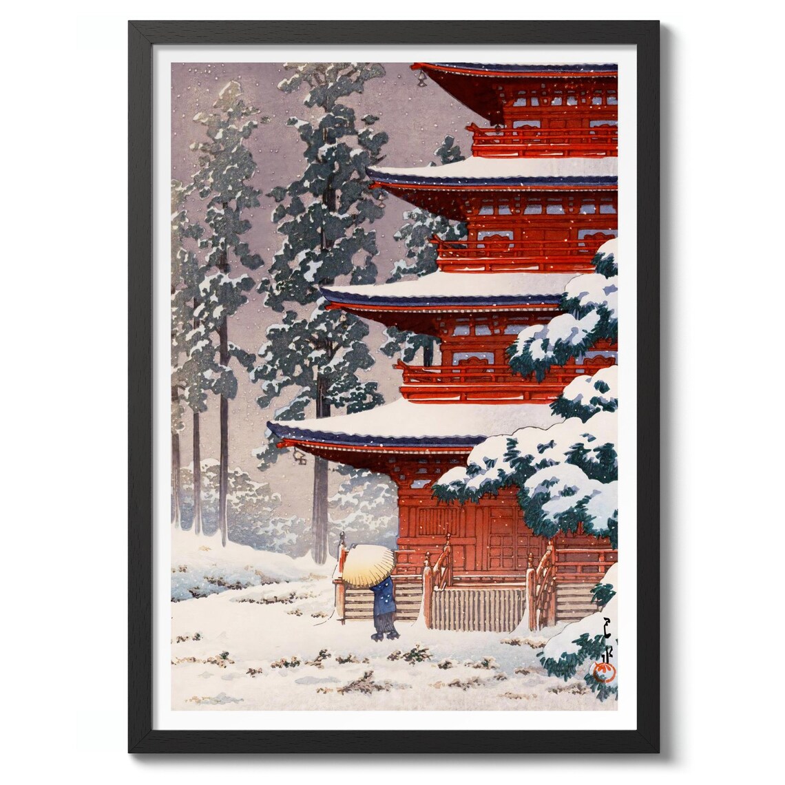 Snowy Red Pagoda Temple Japanese Woodblock Style Travel Art Poster