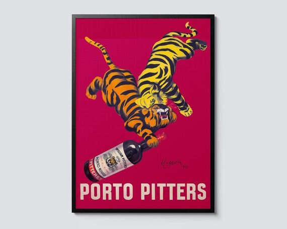 Vintage Porto Pitters Advert Print Animal Illustration Wall Art Pink Tiger Decor Perfect Wine Lover Gift
