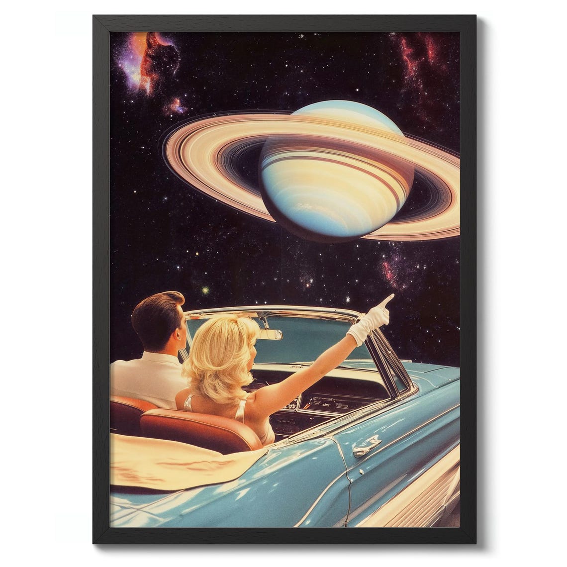 Retro Space Couple Poster Vintage Convertible Saturn Galaxy Artwork