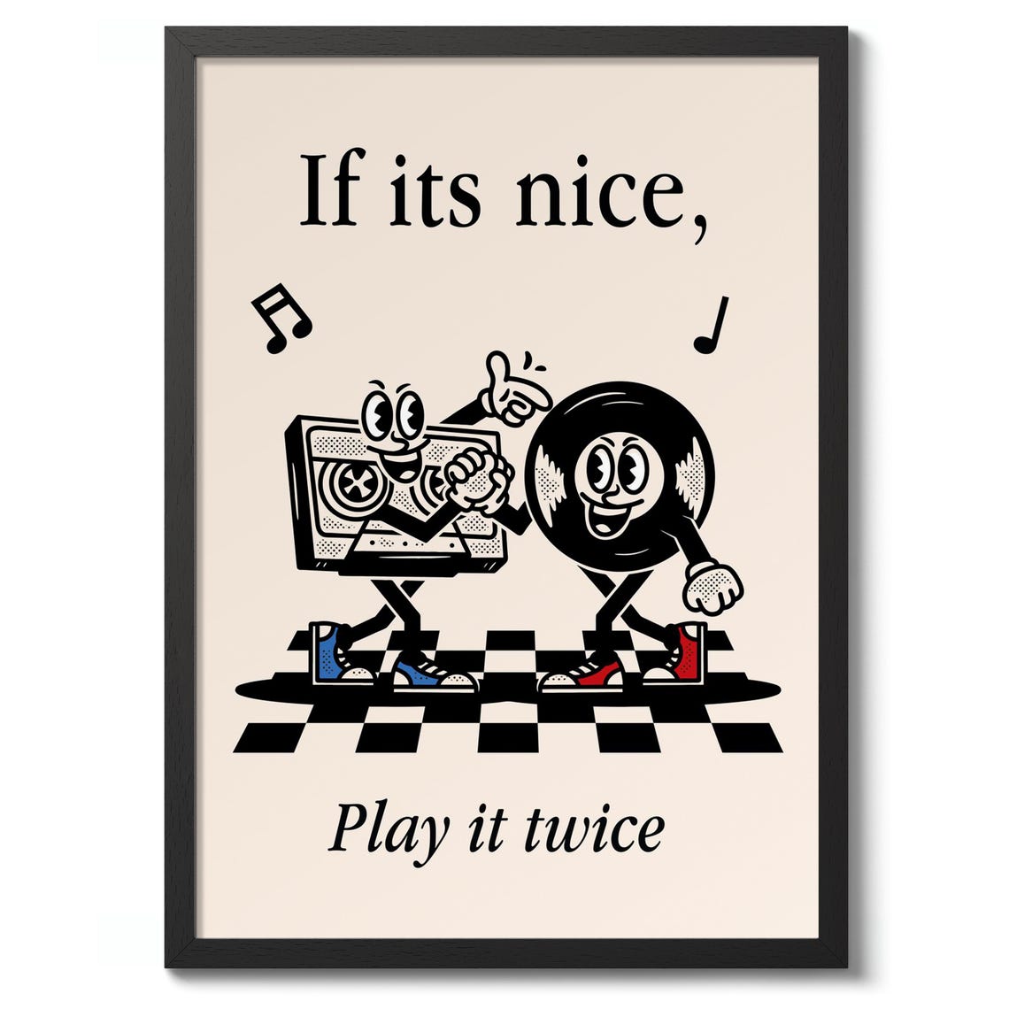 Play It Twice Retro Cassette and Vinyl Cartoon Music Poster Art