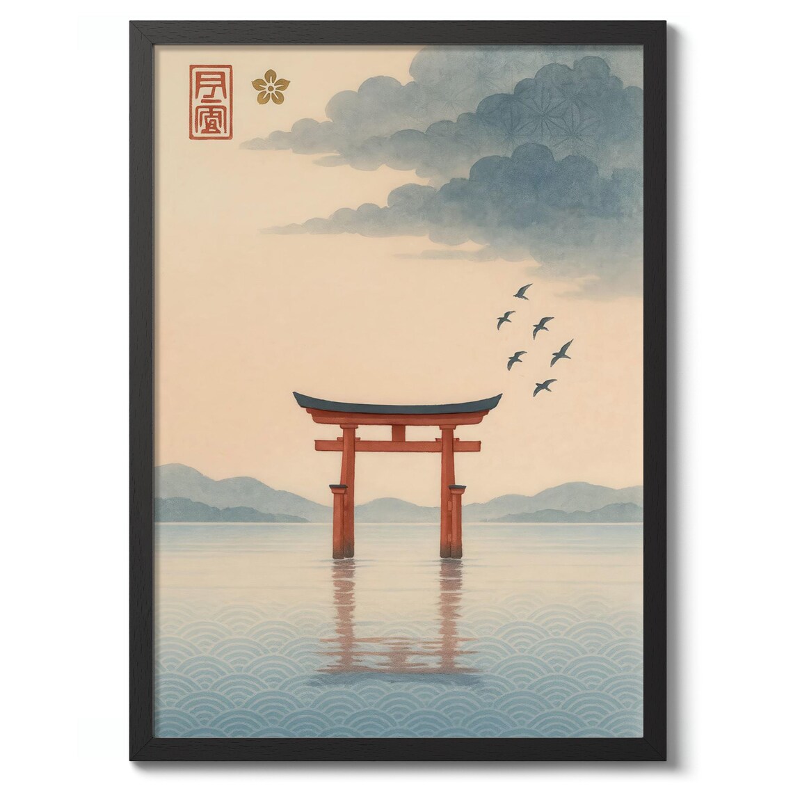Japanese Torii Gate Over Water Sunset Woodblock Style Art Poster