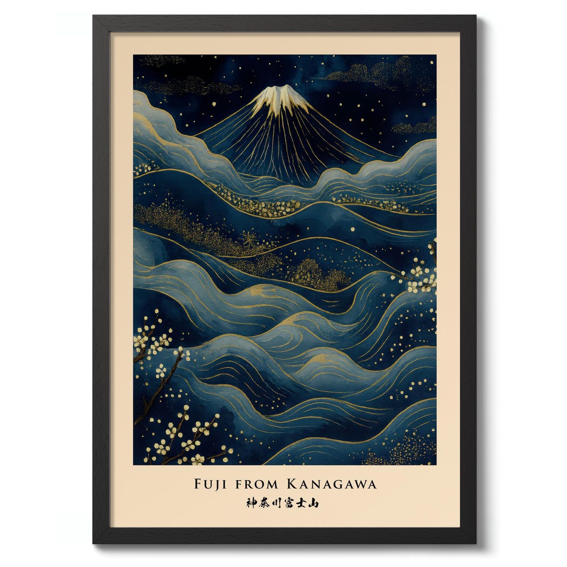 Mount Fuji From Kanagawa Starry Night Waves in Indigo Poster