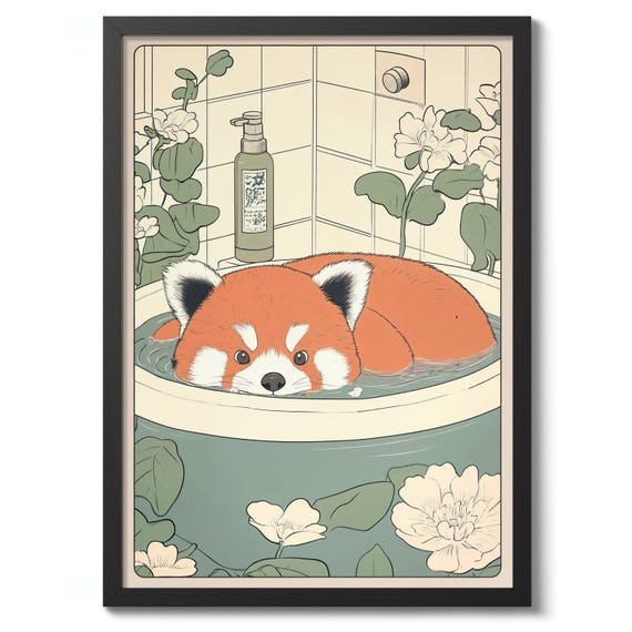 Red Panda Bathtime Japanese Anime Print Poster Bathroom Wall Art Decor Gift
