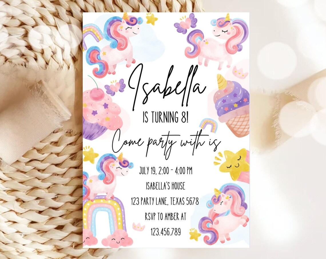 Unicorn Rainbow Birthday Invitation Magical Party Editable Invite Print