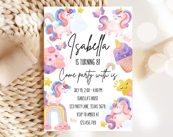 Unicorn Rainbow Birthday Invitation Magical Party Editable Invite Print