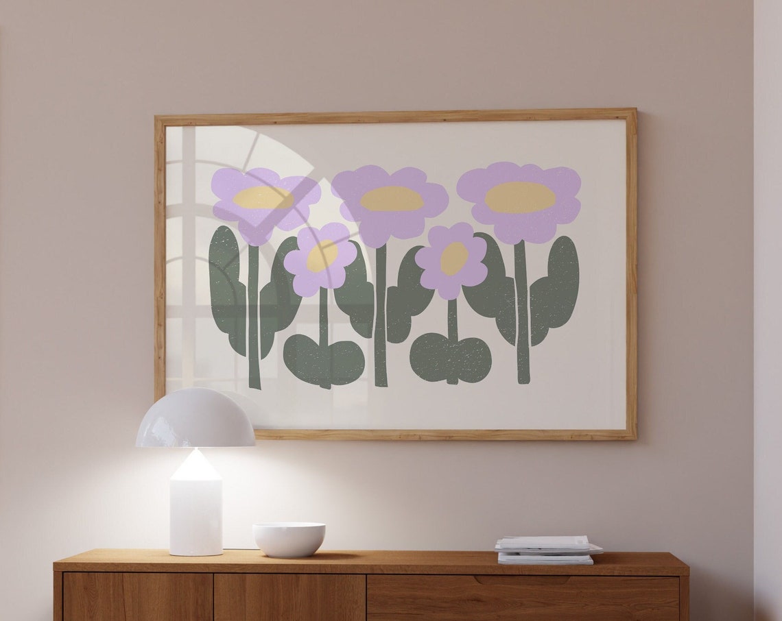 Purple Lavender Flowers Yellow Centers Matisse Style Retro Wall Art