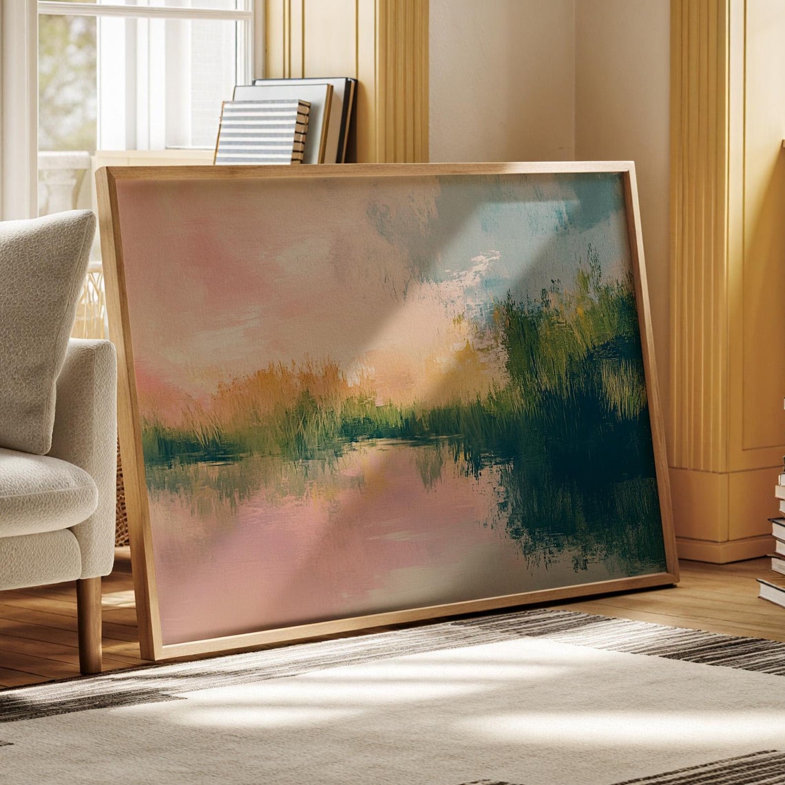 Dreamy Pastel Landscape Wall Art Print Serene Water Reflection With Sunset Tones
