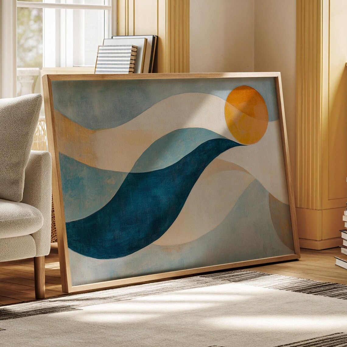 Minimalist Abstract Landscape, Flowing Waves Sun