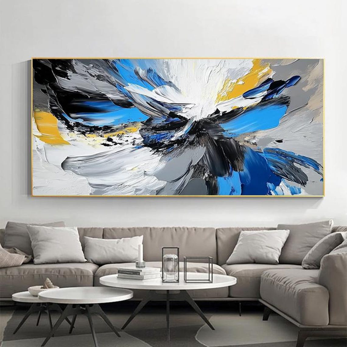 Sweeping Abstract Storm in Electric Blue Black and Gold Wall Art - Image 2