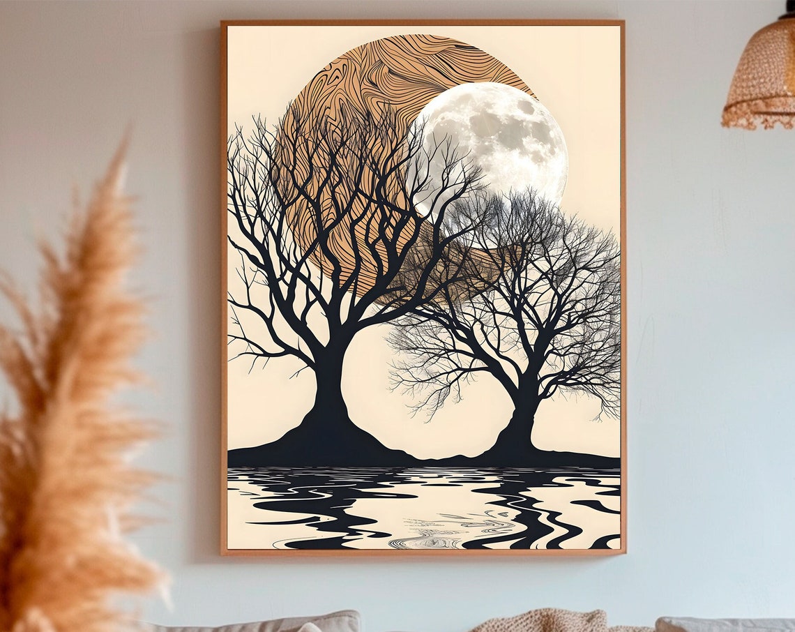Moonlit Bare Trees Over Water Abstract Poster Black White Beige