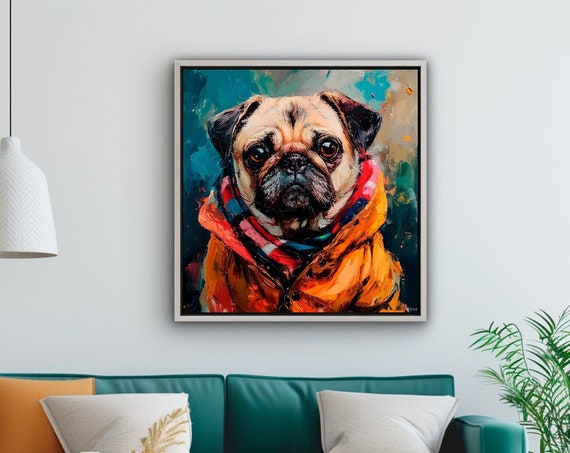 Pug Oil Painting Set Of 5 Cute Poster Art Dog In Clothes Wall Print Funny Pet Portrait Instant