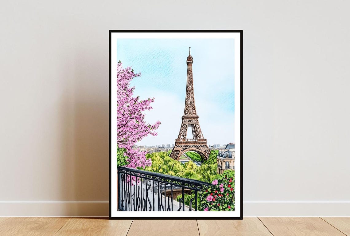 Paris Eiffel Tower Spring Blossoms Balcony View Watercolor Poster
