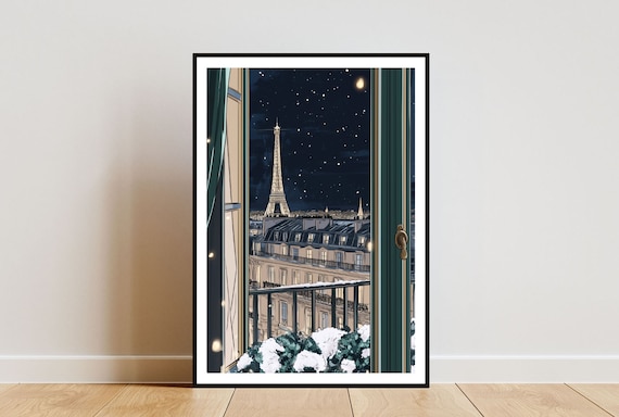 Eiffel Tower Paris Night Open Window Starry Sky View Art Poster