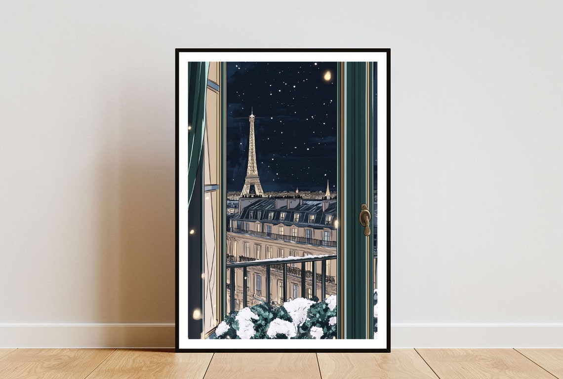 Eiffel Tower Paris Night Open Window Starry Sky View Art Poster