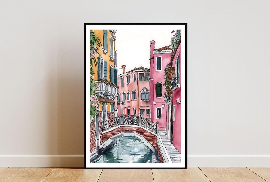 Venice Canal Colorful Houses Watercolor Bridge Scene Art Poster