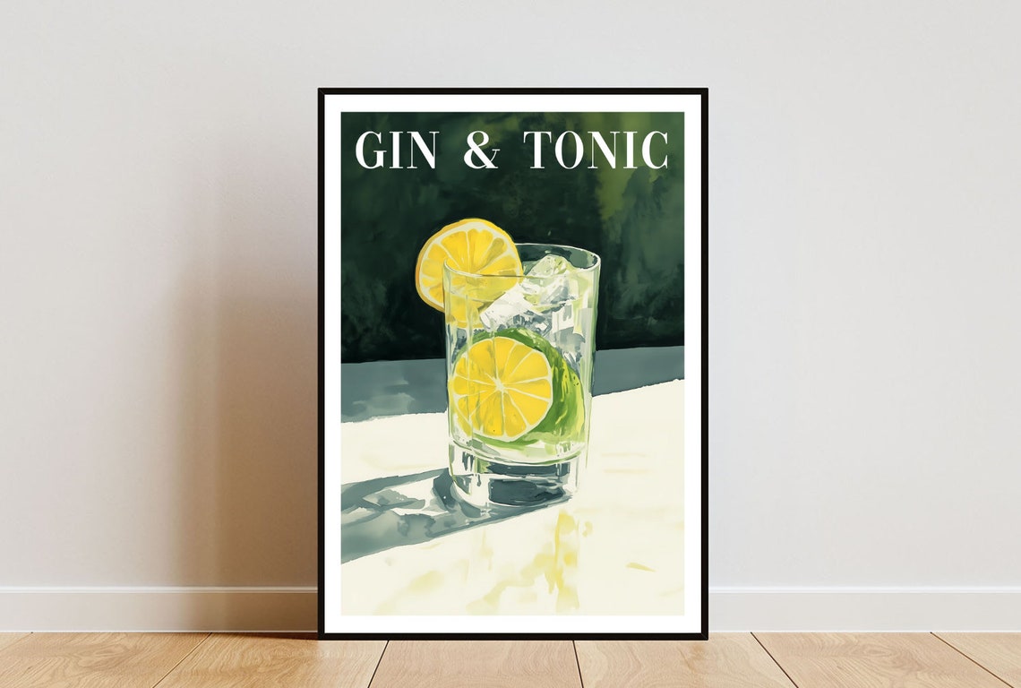 Gin and Tonic Cocktail Illustration Citrus Rocks Glass Bar Poster