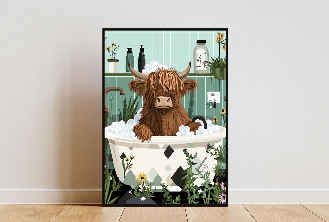 Highland Cow In Bath Boho Bathroom Art Print
