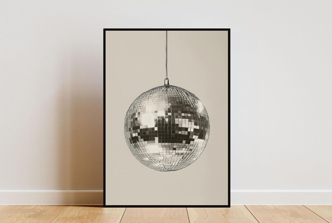 Silver Disco Ball Poster, Minimalist Music Decor