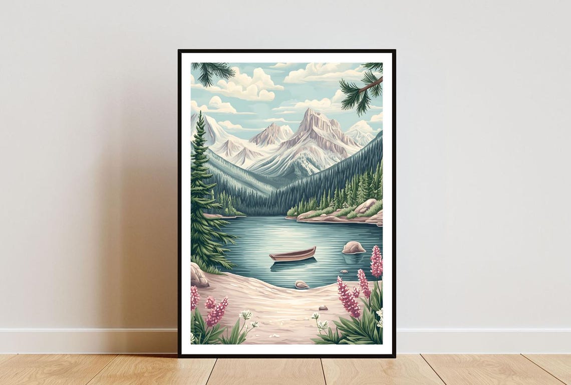 Jasper Canada Mountain Lake Canoe Pines Vintage Travel Poster